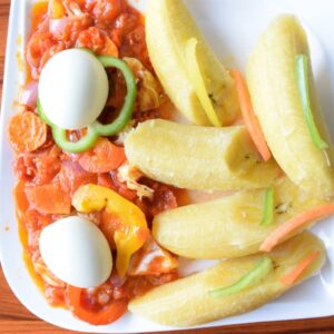 Boiled plantain with pepper sauce with B Eggs